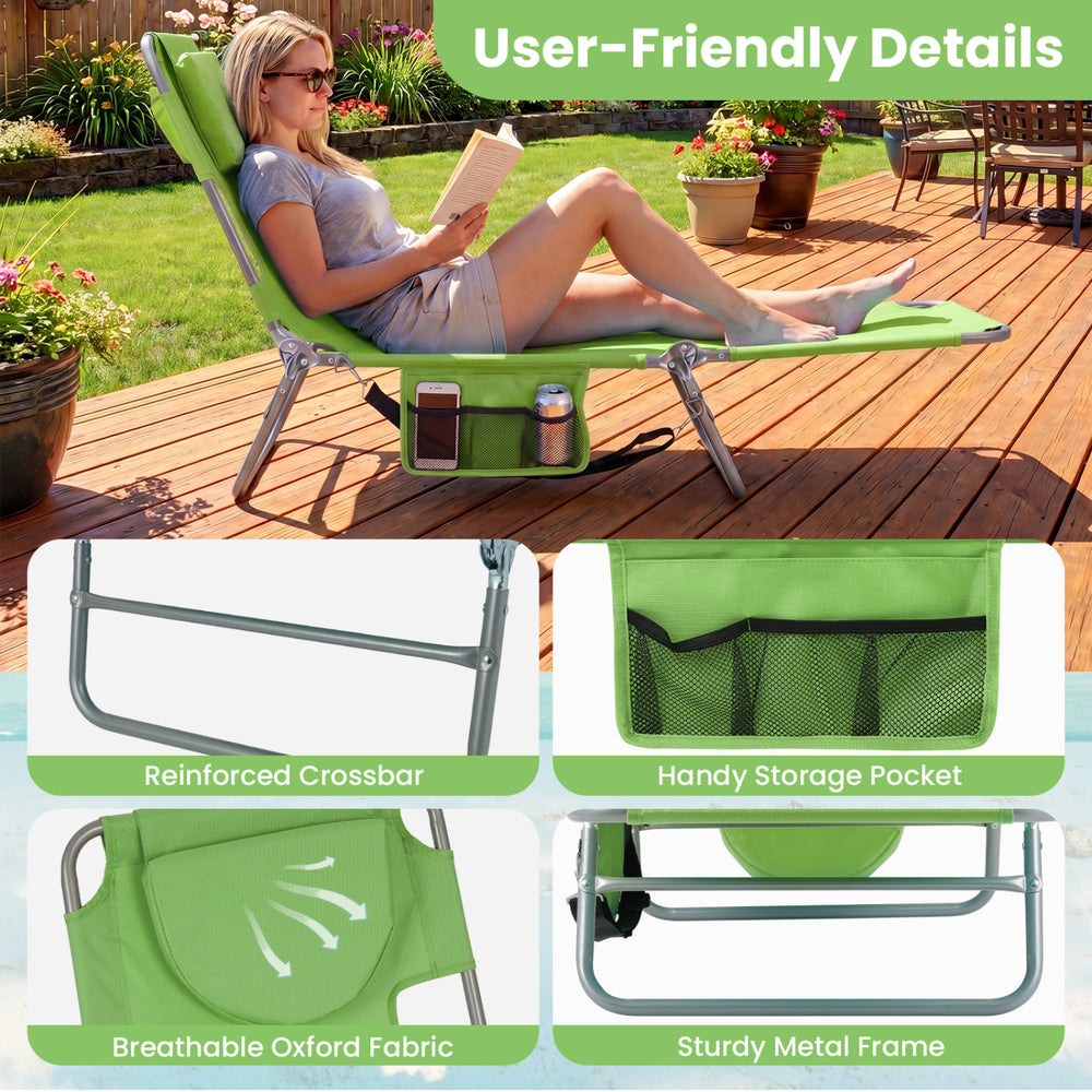 Folding beach lounge chair in lawn-green with adjustable backrest, sturdy metal frame, and handy storage pocket for.