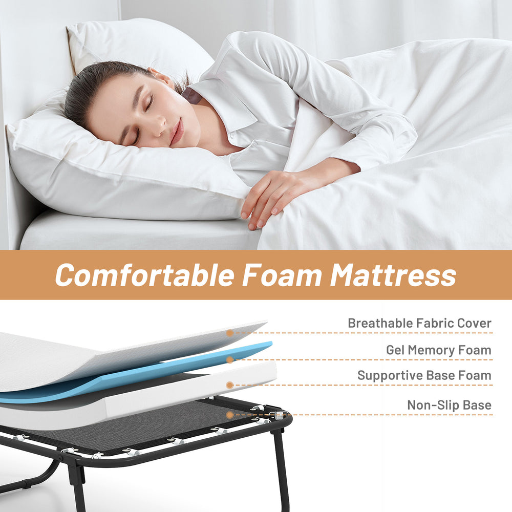 Folding bed with a 75 x 31 inch comfortable foam mattress, featuring gel memory foam and a breathable fabric cover.
