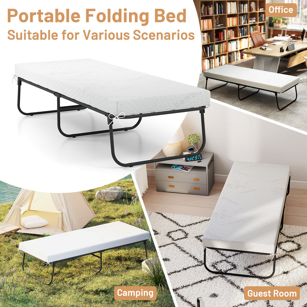 Folding bed with memory foam mattress, 75 x 31 inches, ideal for guest rooms, offices, and camping trips.