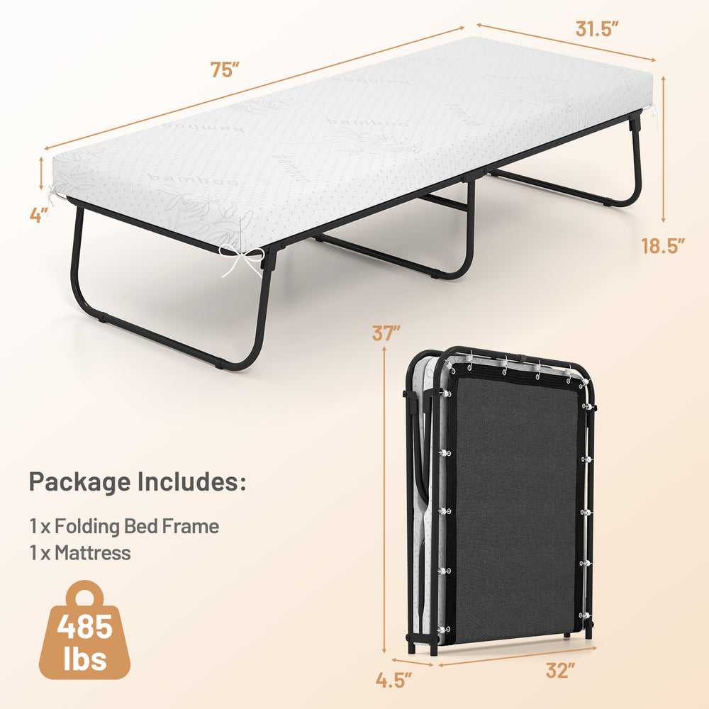 Folding bed with mattress, 75 x 31 inches, features gel memory foam and sturdy metal frame, ideal for guest rooms or.