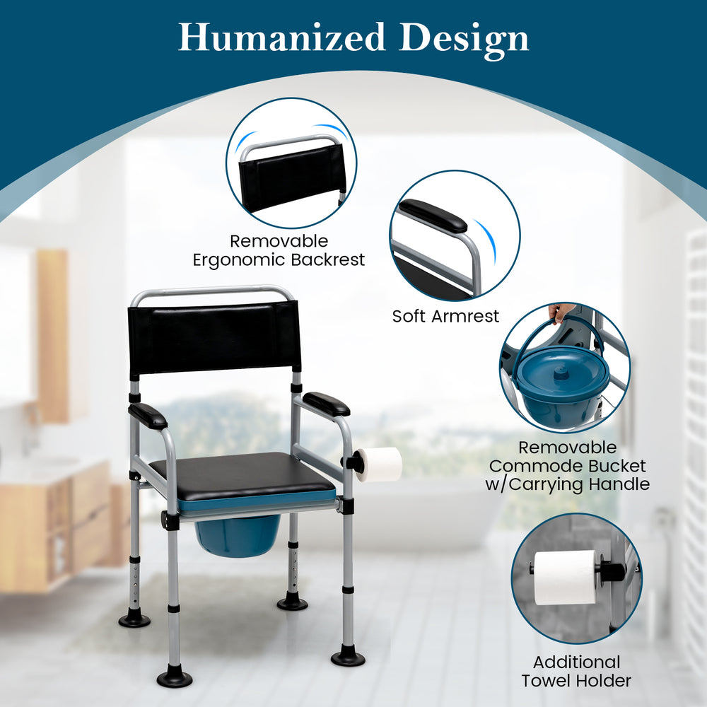 Folding bedside commode chair with ergonomic backrest, detachable bucket, and towel holder for versatile use.