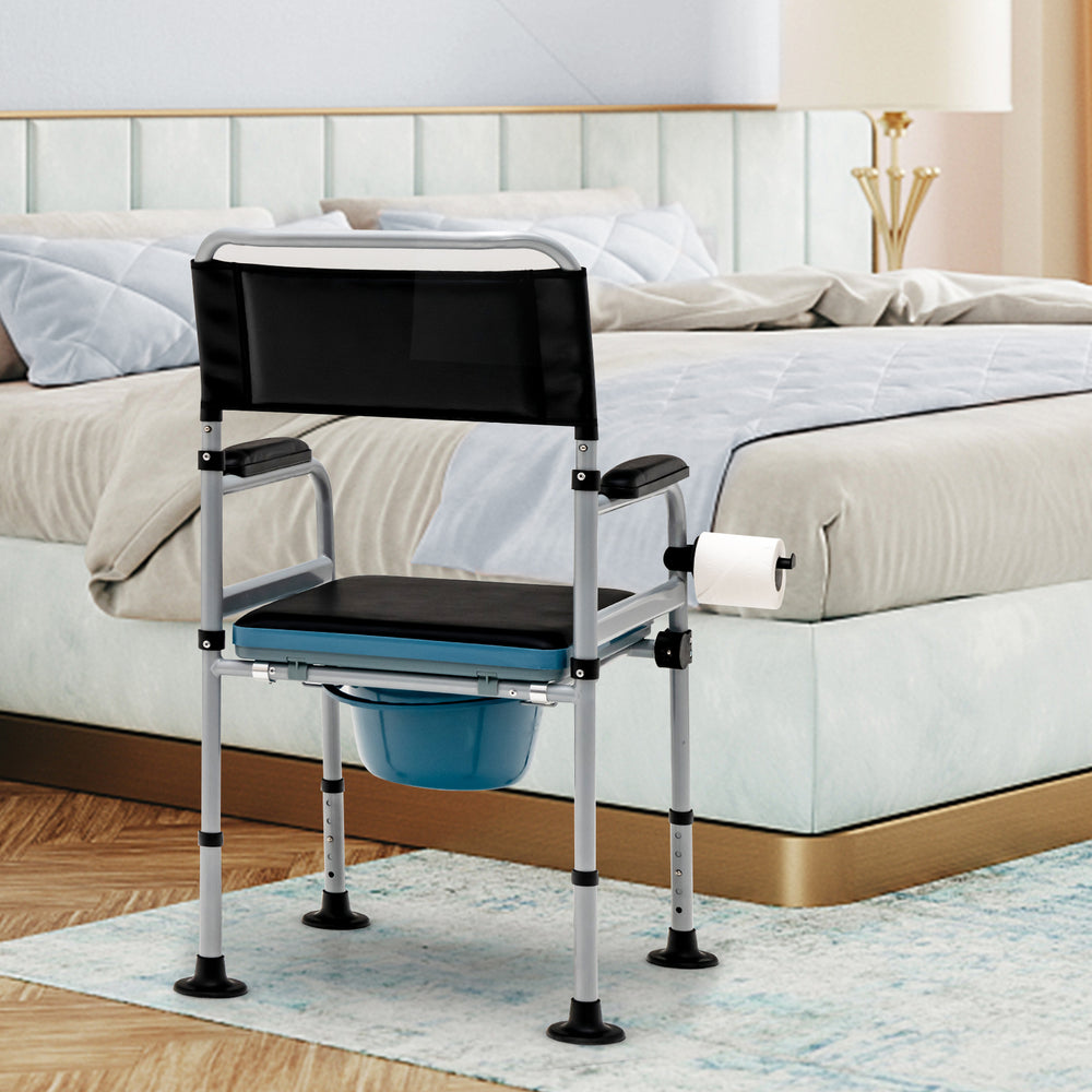 4-in-1 folding bedside commode chair with detachable bucket, adjustable height, and towel holder for versatile use.