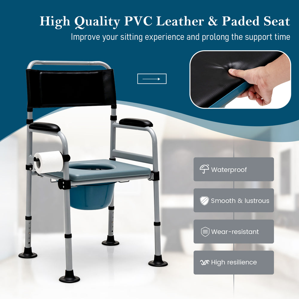 4-in-1 folding bedside commode chair with detachable bucket, waterproof PVC cushion, and ergonomic armrests for comfort.