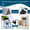 Folding bedside commode chair with carbonized steel frame, adjustable height, and detachable bucket for versatile use.