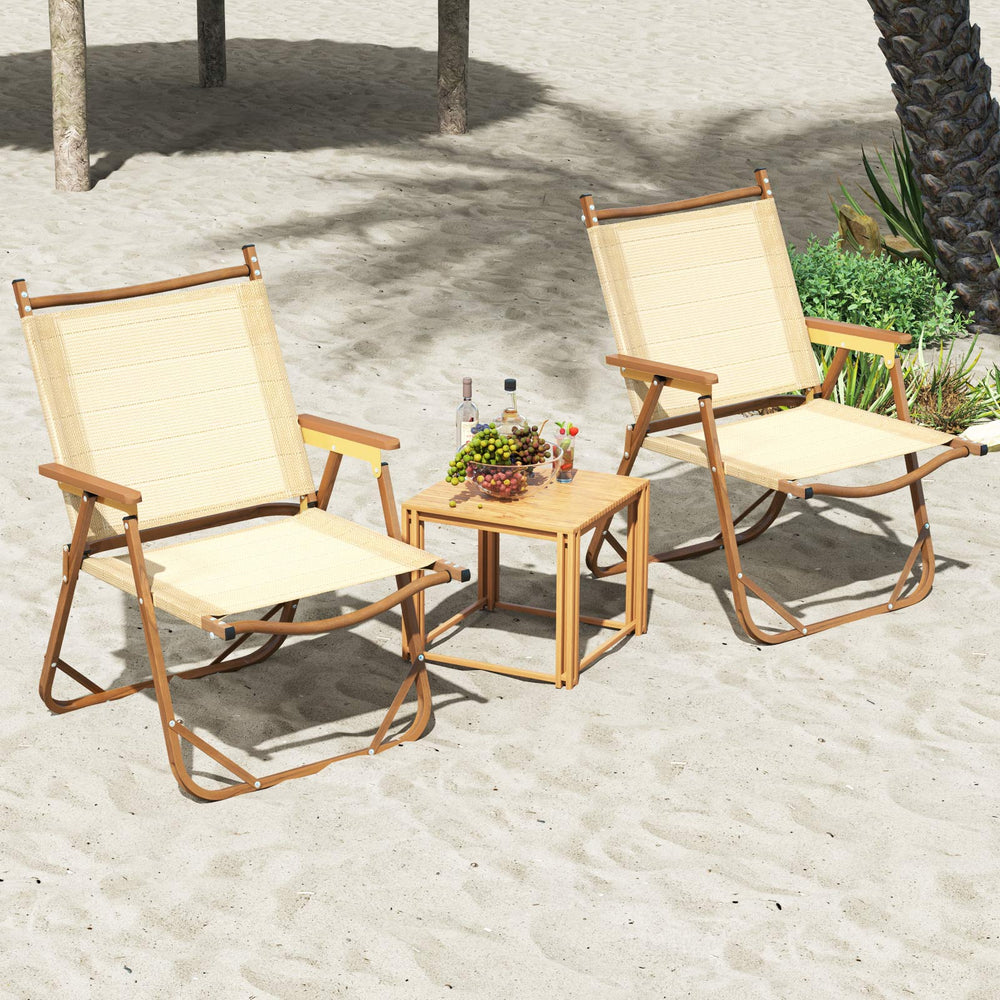 Lightweight beige folding camp chairs set of 2 with cozy armrests, perfect for beach or backyard relaxation.