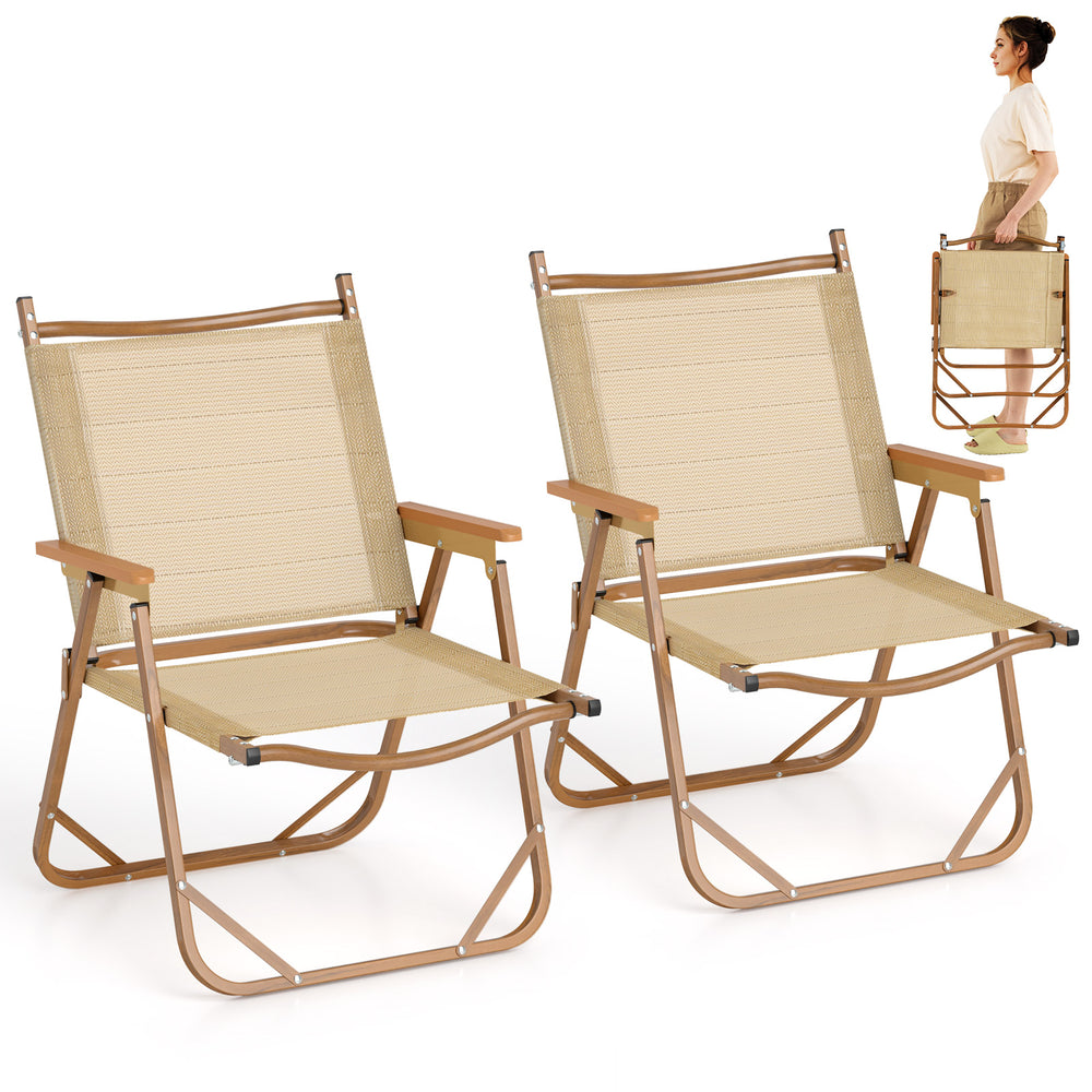 Lightweight beige folding camp chairs set of 2, featuring ergonomic design and cozy armrests, perfect for outdoor use.