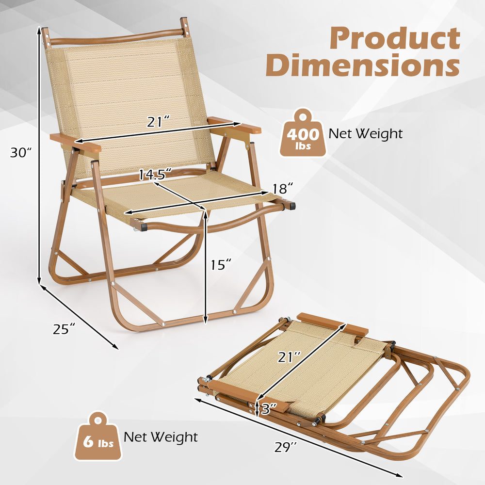 Folding camp chair dimensions with beige fabric, lightweight design, and 400 lbs capacity, ideal for beach or camping.