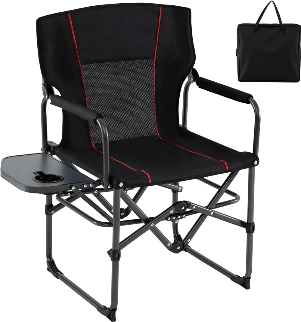 Folding camping chair in black with side table, cup holder, and carrying bag, ideal for picnics and outdoor activities.