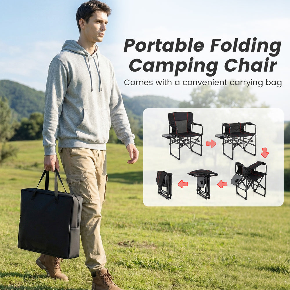 Portable folding camping chair in black with side table and cup holder, ideal for picnics and outdoor activities.