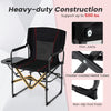 Folding camping chair with side table and cup holder, heavy-duty construction, supports 500 lbs, portable for outdoor.
