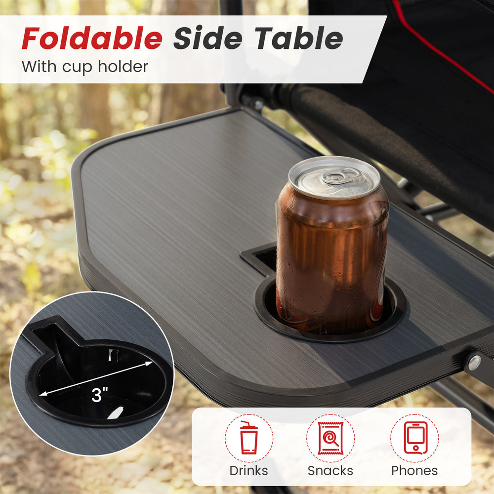 Foldable side table with cup holder for drinks, snacks, and phones, designed for the Folding Camping Chair in black.