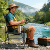 Folding camping chair with side table and cup holder, featuring heavy-duty construction for fishing and outdoor use.