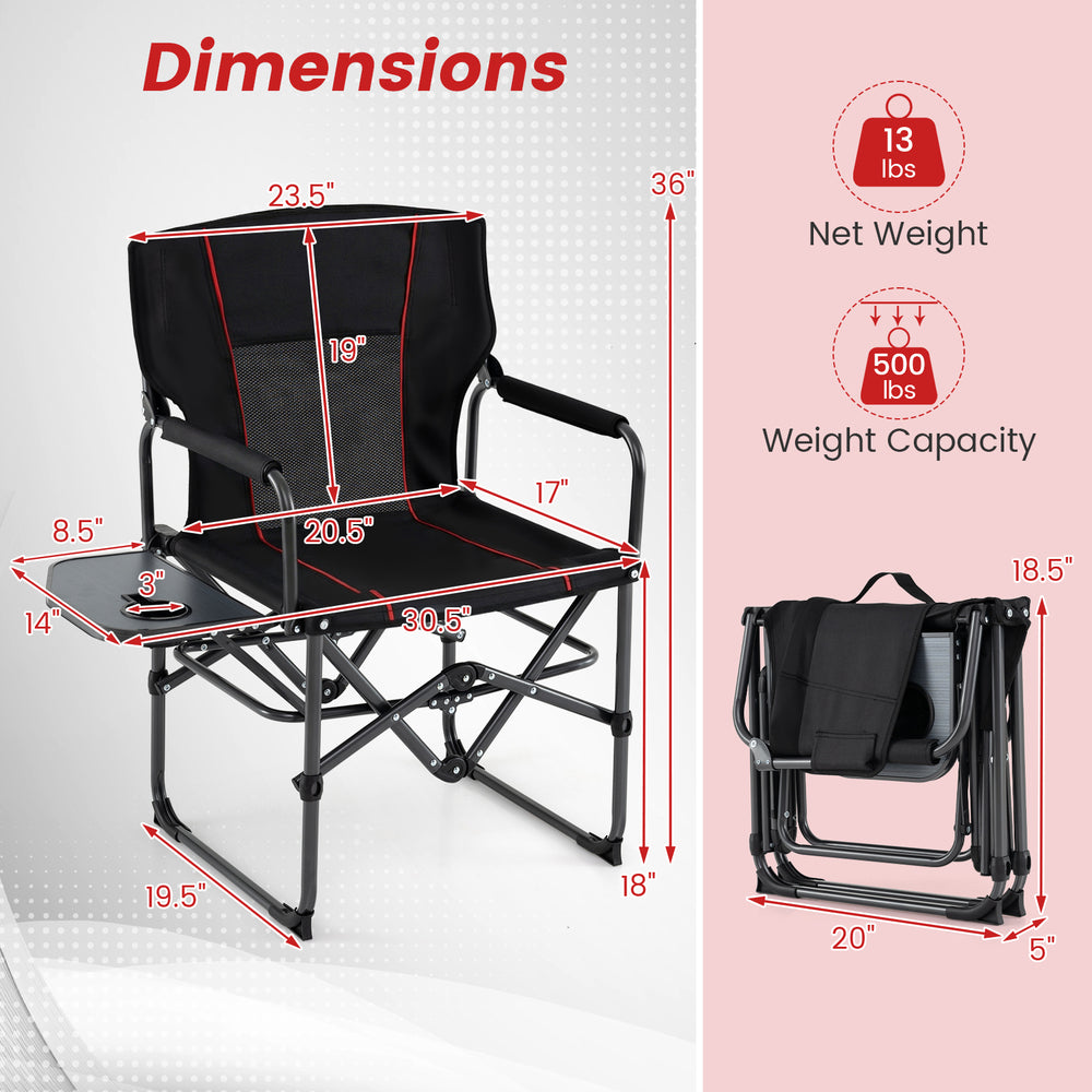 Folding camping chair with side table and cup holder, black, featuring dimensions and weight capacity details for.