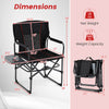 Folding camping chair with side table and cup holder, black, featuring dimensions and weight capacity details for.