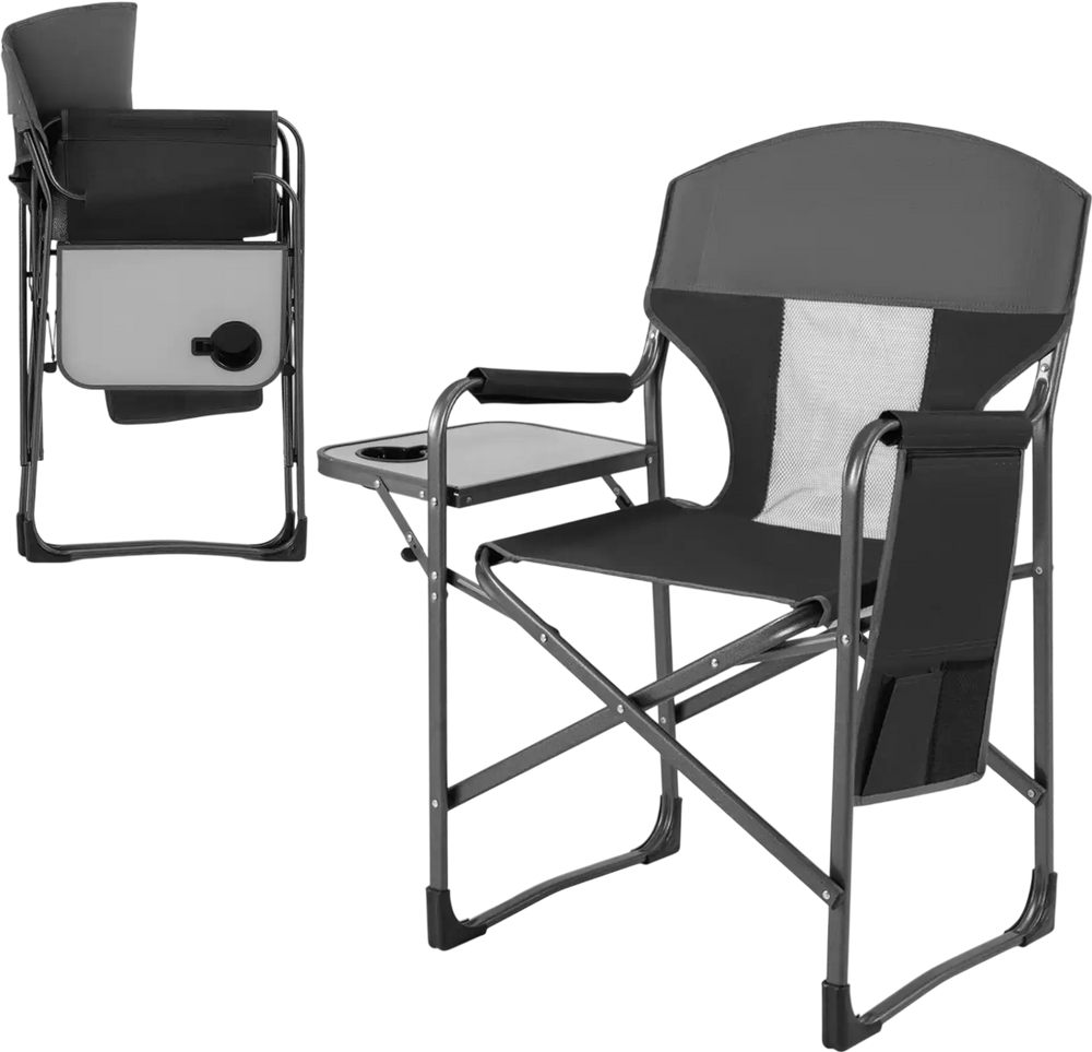 Folding camping chair in black with cup holder, storage pocket, and breathable mesh for outdoor comfort and convenience.