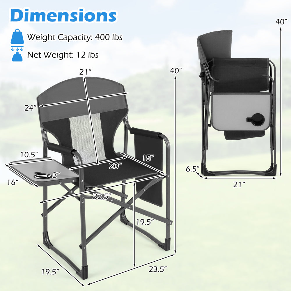 Folding camping chair in black with cup holder and storage pocket, featuring a sturdy metal frame and breathable mesh.