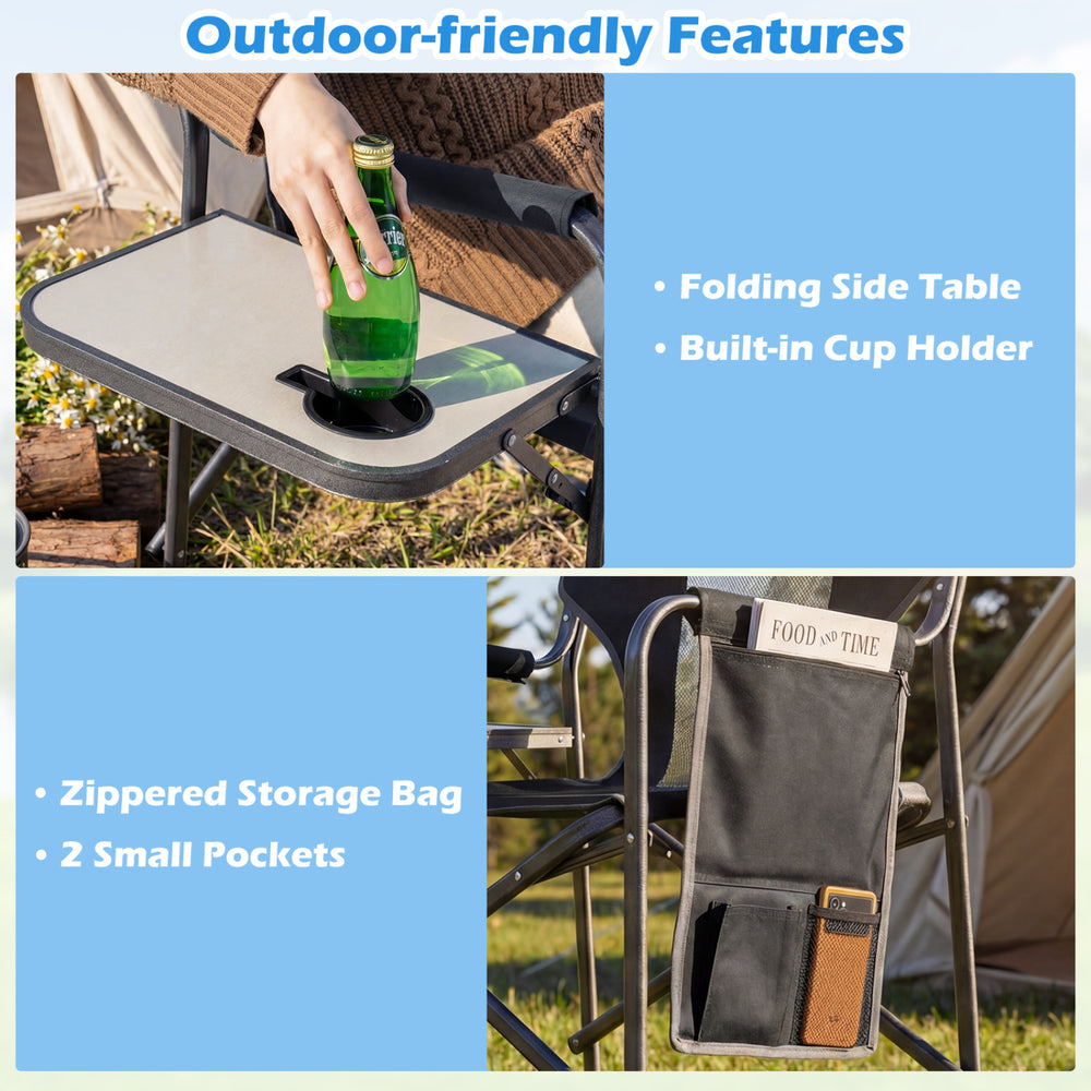 Folding camping chair with a side table, cup holder, and storage pockets for convenient outdoor seating.
