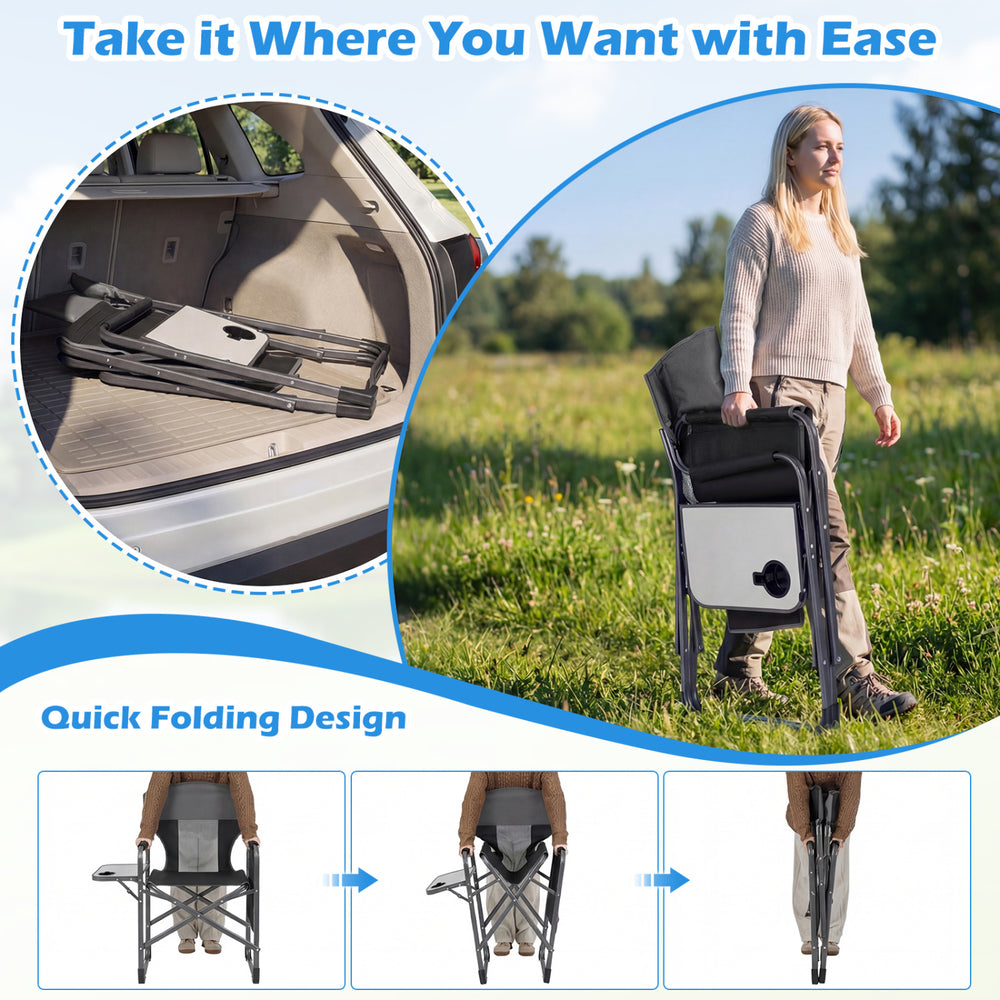 Folding camping chair in black with cup holder and storage pocket, showcasing quick folding design for easy transport.