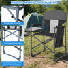 Folding camping chair in black with sturdy metal frame, cup holder, and side pockets for convenient outdoor seating.