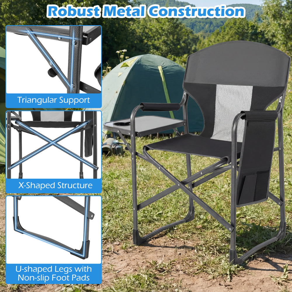 Folding camping chair in black with sturdy metal frame, cup holder, and side pockets for convenient outdoor seating.