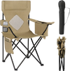 Folding camping chair in green with wide seat, reinforced frame, and side storage bag, perfect for backyard relaxation.