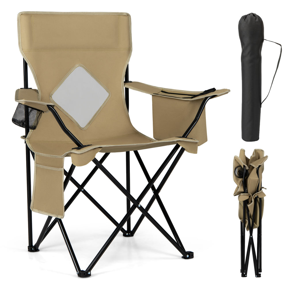 Folding camping chair with a solid metal frame, breathable mesh backrest, and carrying bag for outdoor relaxation.