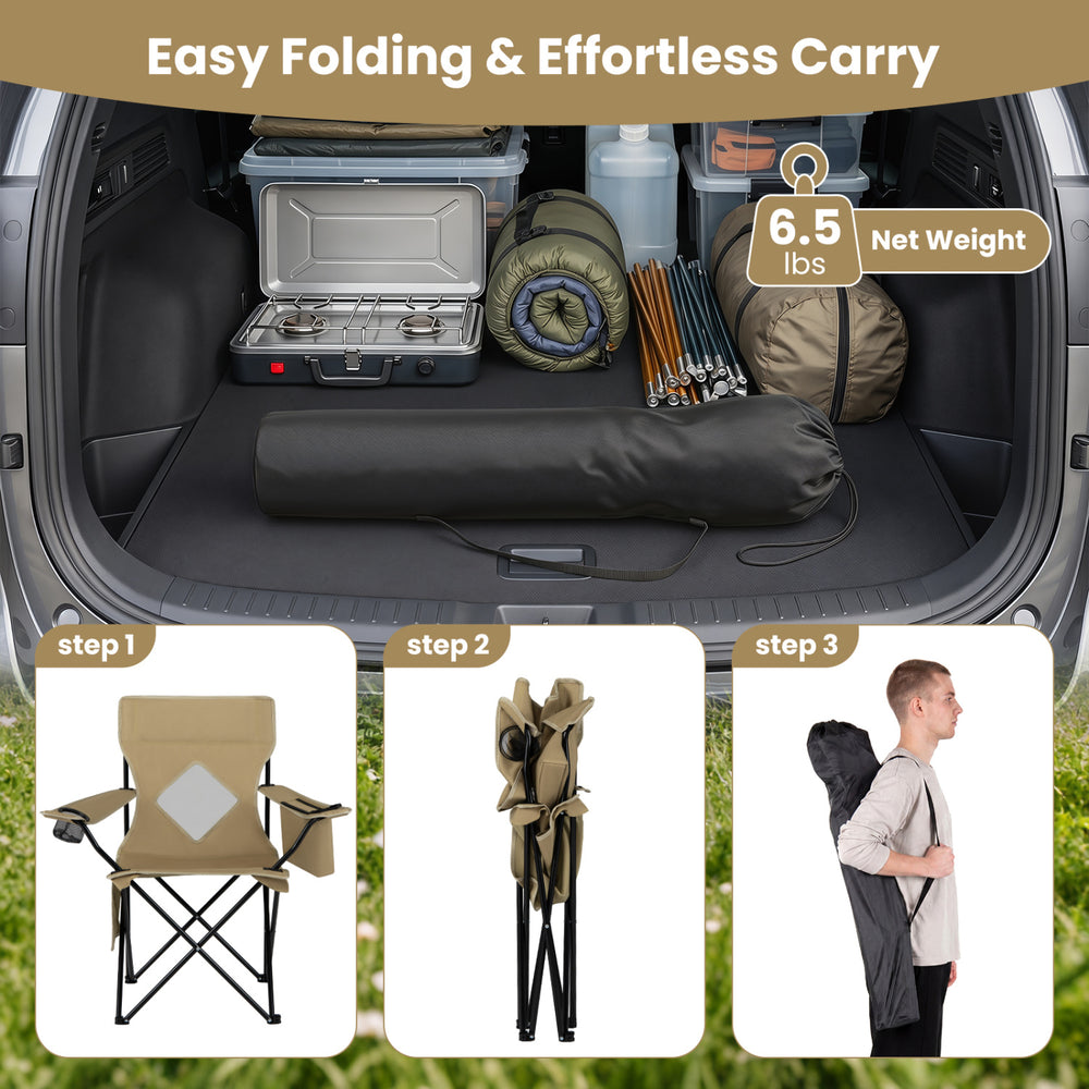Folding camping chair with a solid metal frame, mesh backrest, and carrying bag, perfect for outdoor relaxation.