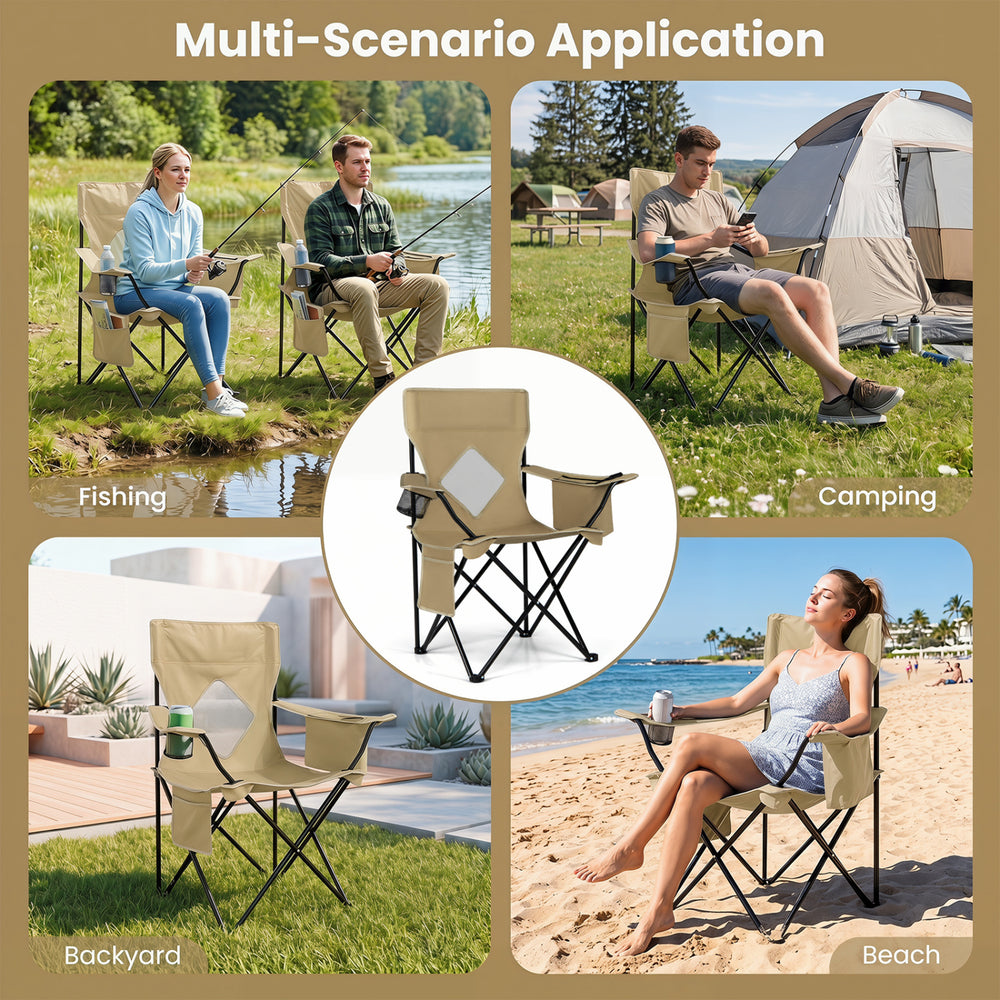 Folding camping chair with mesh backrest, solid metal frame, and cup holder, ideal for fishing, camping, or beach trips.