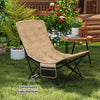 Folding camping chair in khaki with adjustable backrest and side pocket, perfect for outdoor relaxation and convenience.