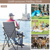 Folding camping chair with cup holder and lumbar pillow, featuring sturdy metal construction for outdoor relaxation.
