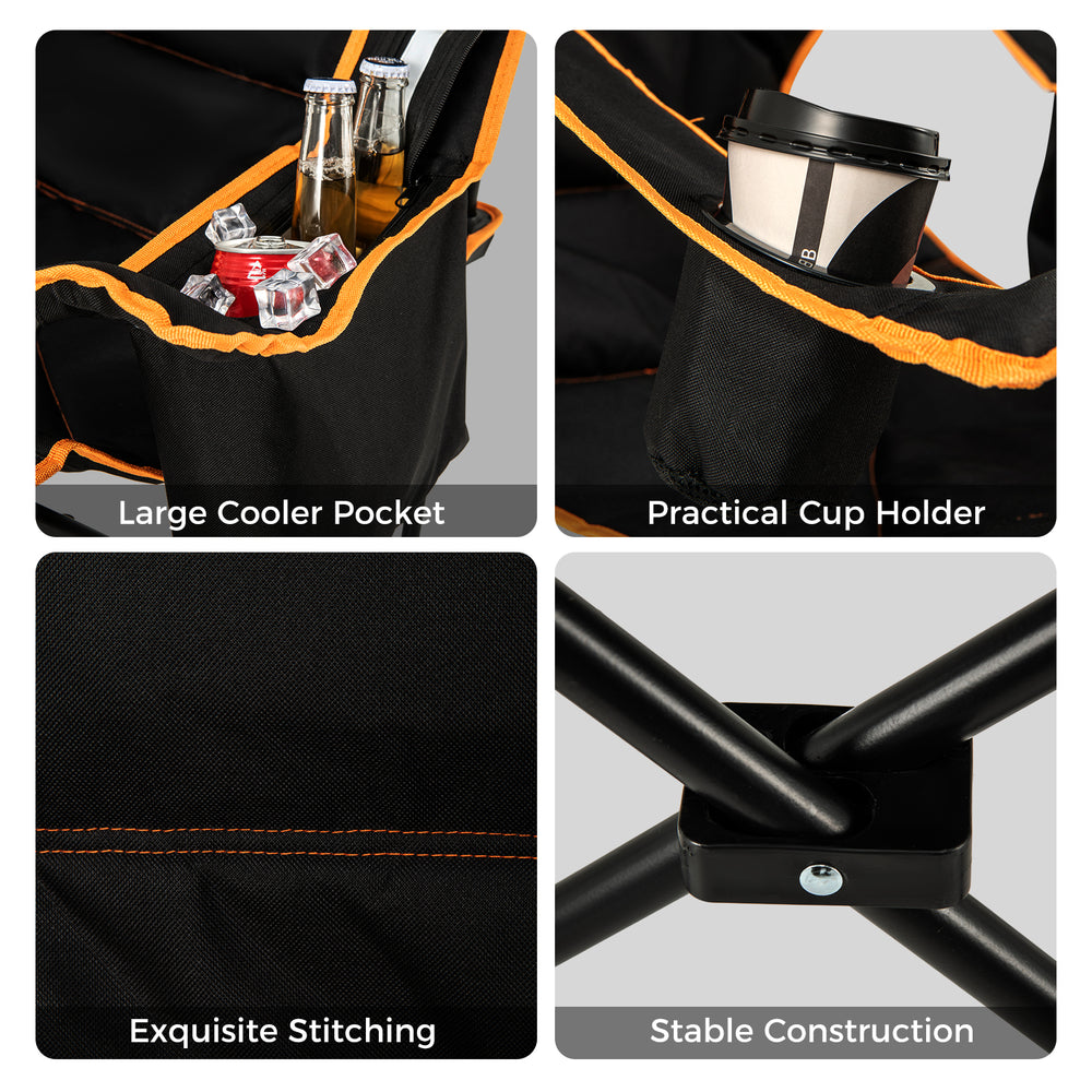 Large cooler pocket and cup holder on a black folding camping chair with footrest, ideal for outdoor activities.