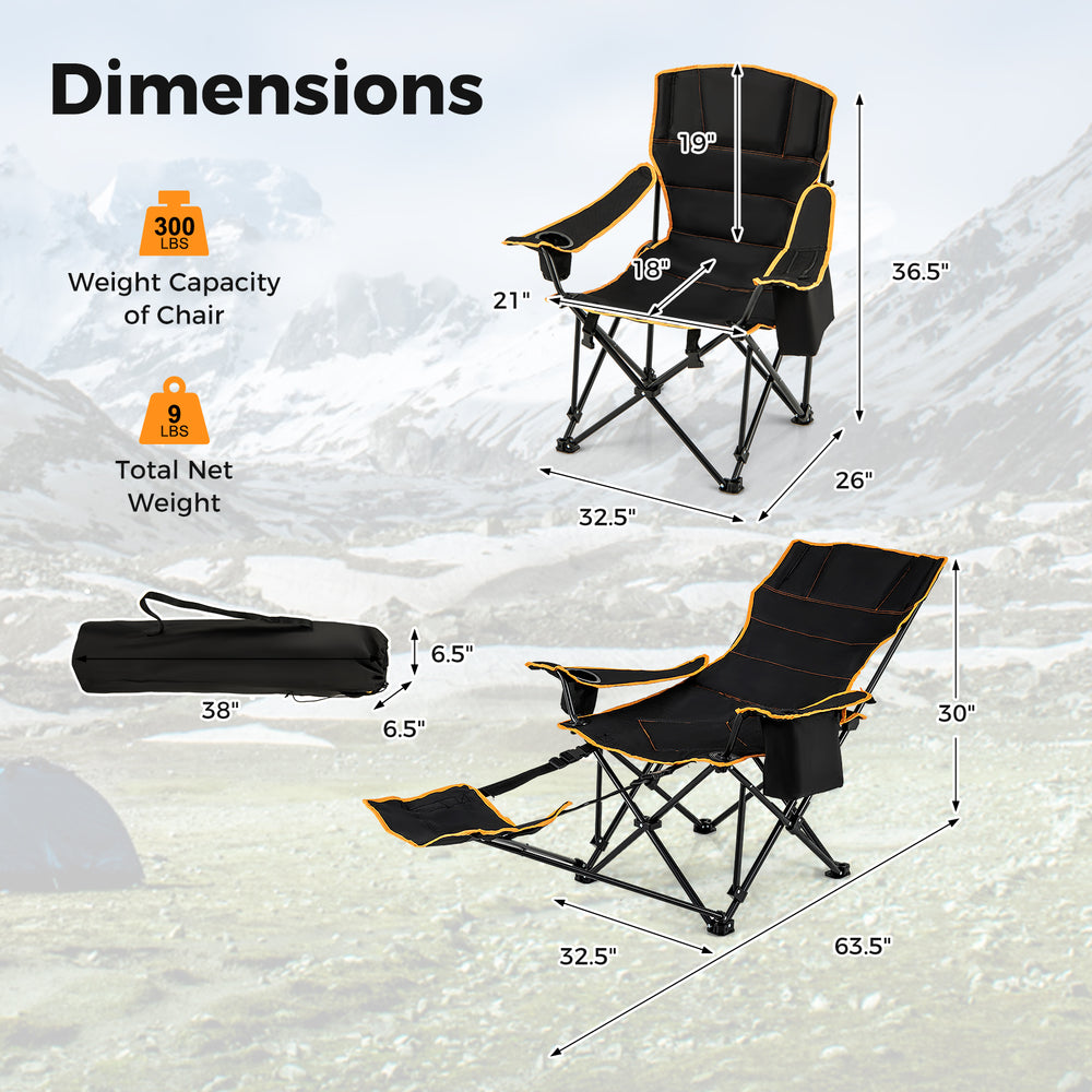 Folding camping chair with adjustable backrest and detachable footrest, designed for comfort and easy transport.