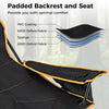 Padded backrest and seat of the black folding camping chair with adjustable footrest for optimal comfort outdoors.