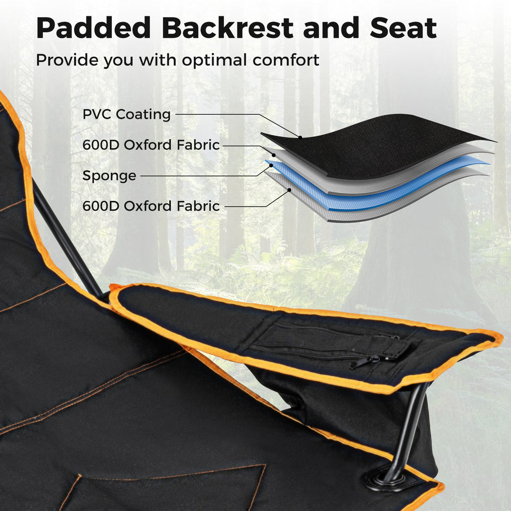 Padded backrest and seat of the black folding camping chair with adjustable footrest for optimal comfort outdoors.