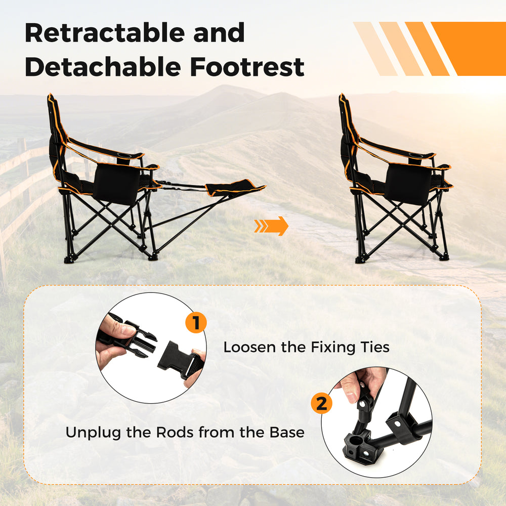 Folding camping chair with retractable footrest and adjustable backrest, ideal for outdoor activities and comfort.