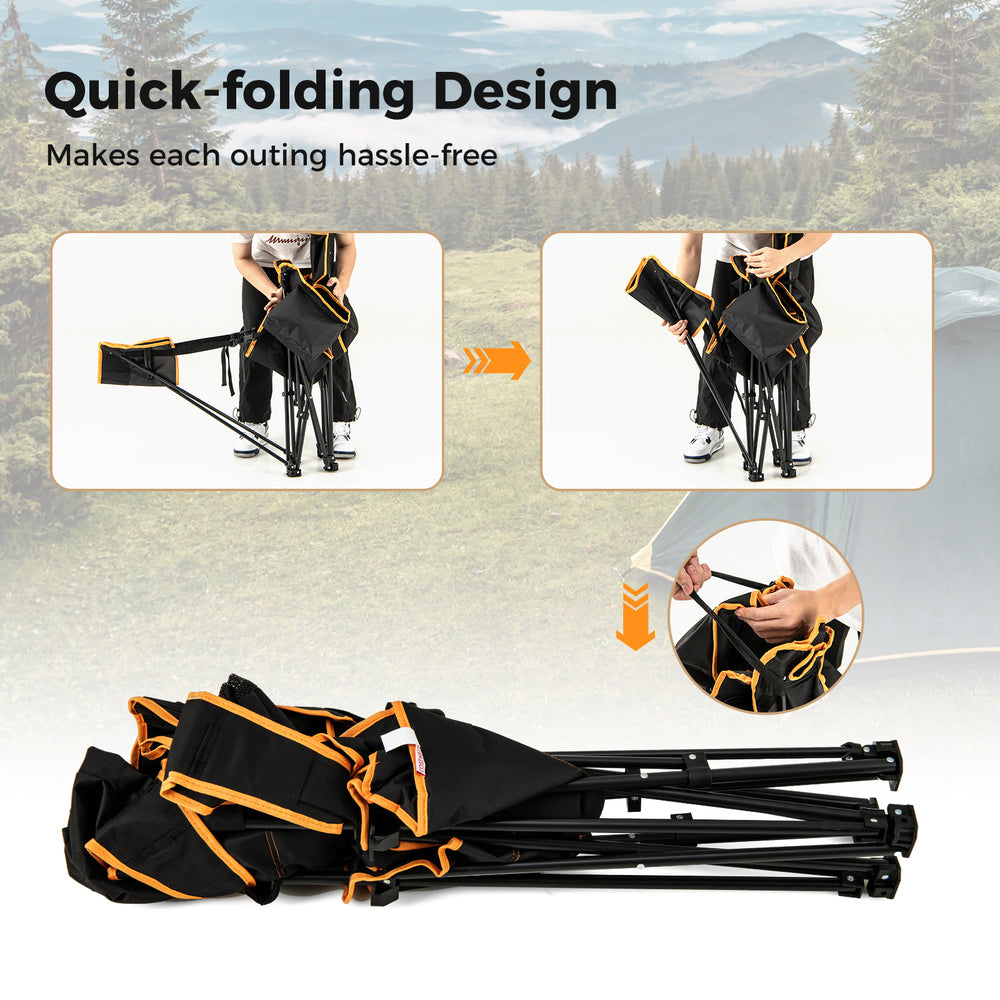 Folding camping chair with footrest in black, featuring a quick-folding design for hassle-free transport and storage.