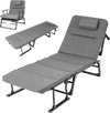 Gray folding camping cot shown in chaise lounge position, featuring a heavy-duty metal frame and removable cushion for.