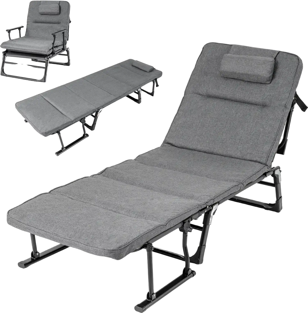 Gray folding camping cot shown in chaise lounge position, featuring a heavy-duty metal frame and removable cushion for.
