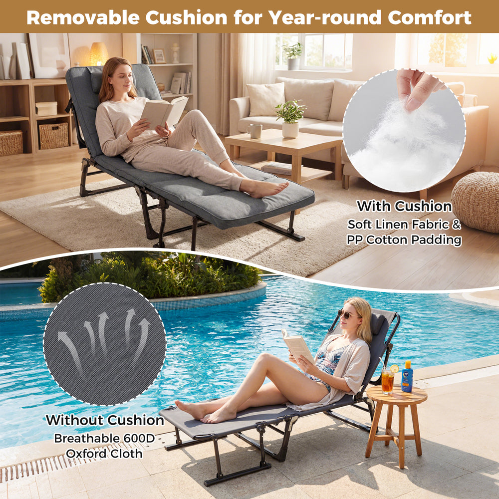 Folding camping cot in gray with removable cushion, showcasing 3 in 1 convertible design for versatile lounging options.