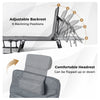 Folding camping cot with adjustable backrest in gray, featuring 6 reclining positions and a flip-up headrest for.