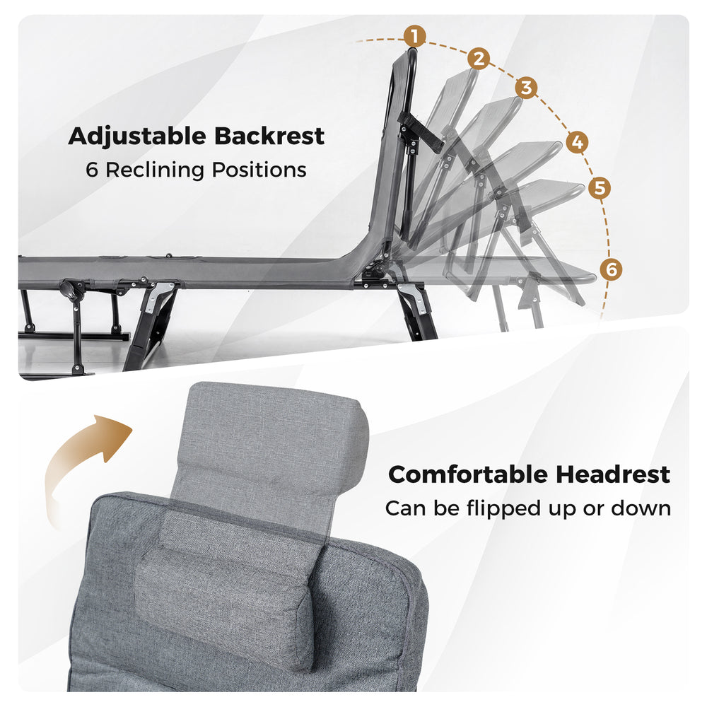Folding camping cot with adjustable backrest in gray, featuring 6 reclining positions and a flip-up headrest for.