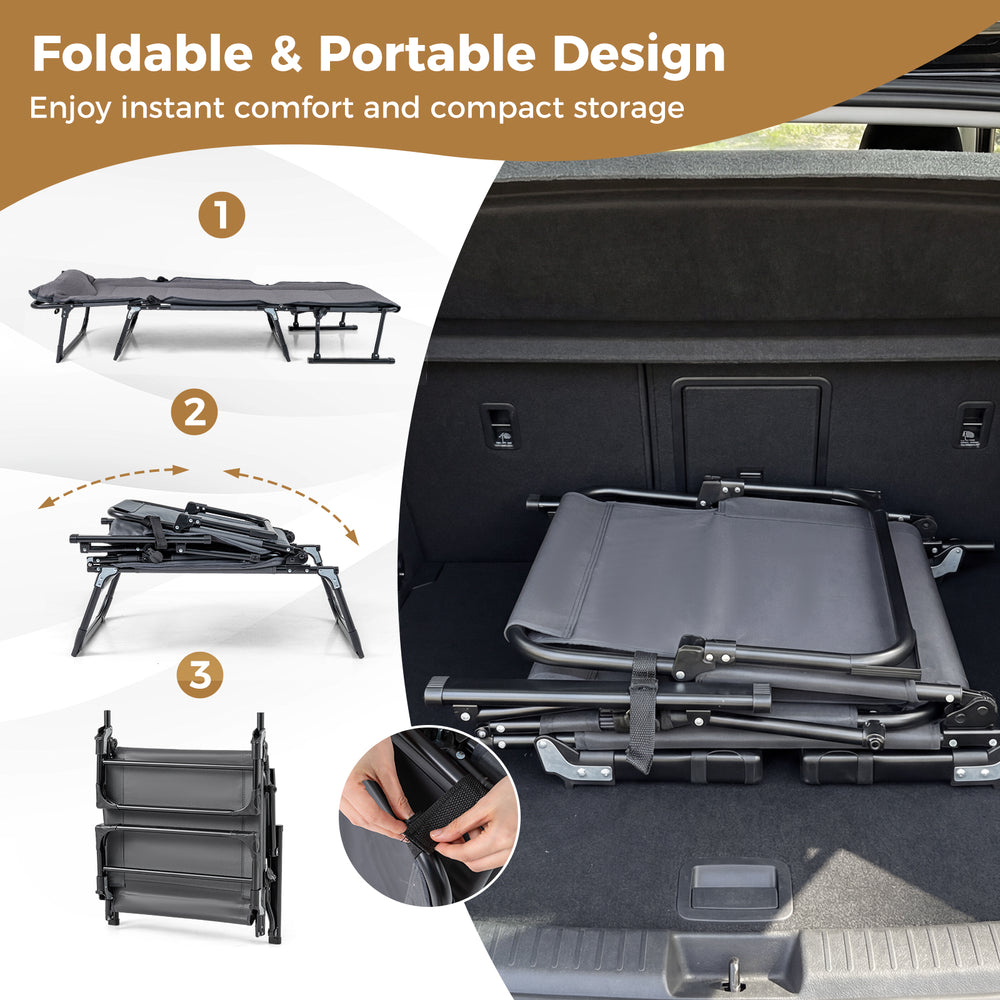 Folding camping cot in tri-fold design, featuring gray 600D Oxford cloth and removable cushion for versatile seating.