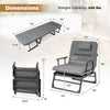 Folding camping cot in gray with dimensions, showcasing 3 in 1 convertible design for versatile seating options.
