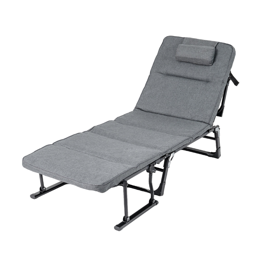 Folding camping cot in gray with a tri-fold design, removable cushion, and 6 reclining positions for versatile lounging.