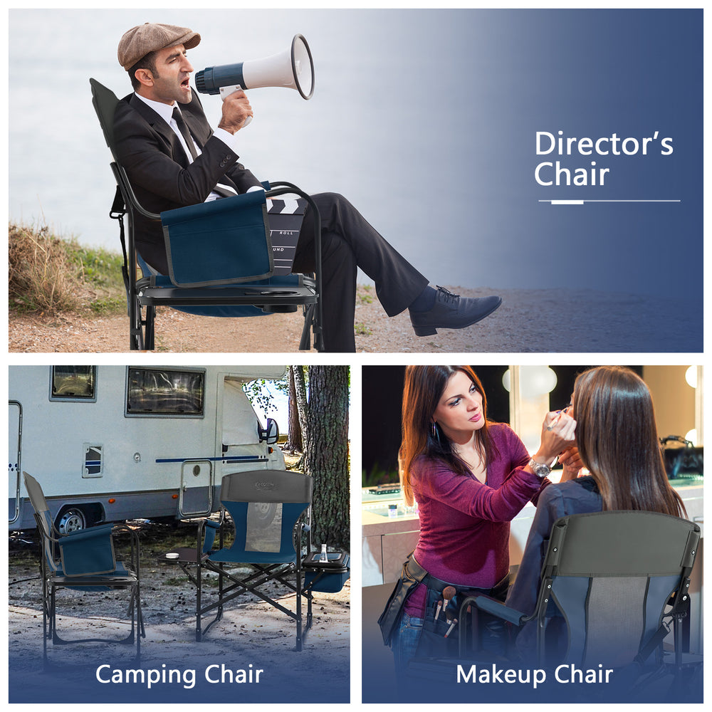 Folding camping director's chair in blue featuring a sturdy frame, removable armrest, and non-slip foot pads for.