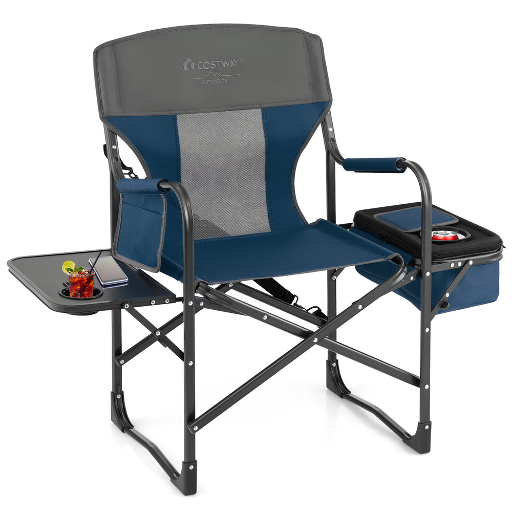 Folding camping director's chair in blue with cooler bag and side table, ideal for outdoor use and easy transport.