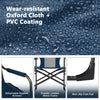 Folding camping directors chair in blue with wear-resistant oxford cloth, cooler bag, and side table for outdoor use.