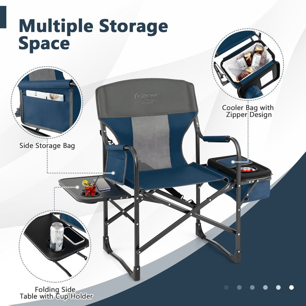 Folding camping chair in blue with cooler bag, side table, and storage bag, ideal for outdoor use and easy transport.