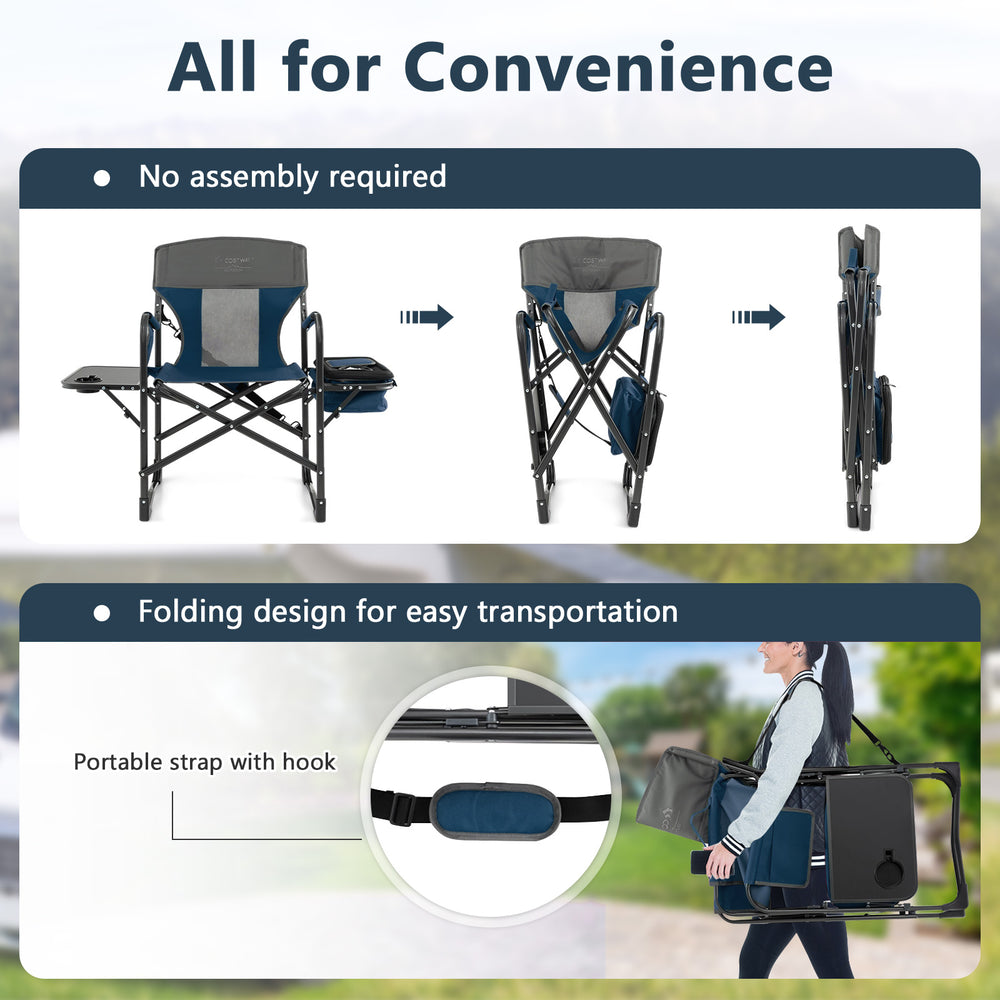 Folding camping directors chair in blue with cooler bag and side table, designed for easy transport and no assembly.