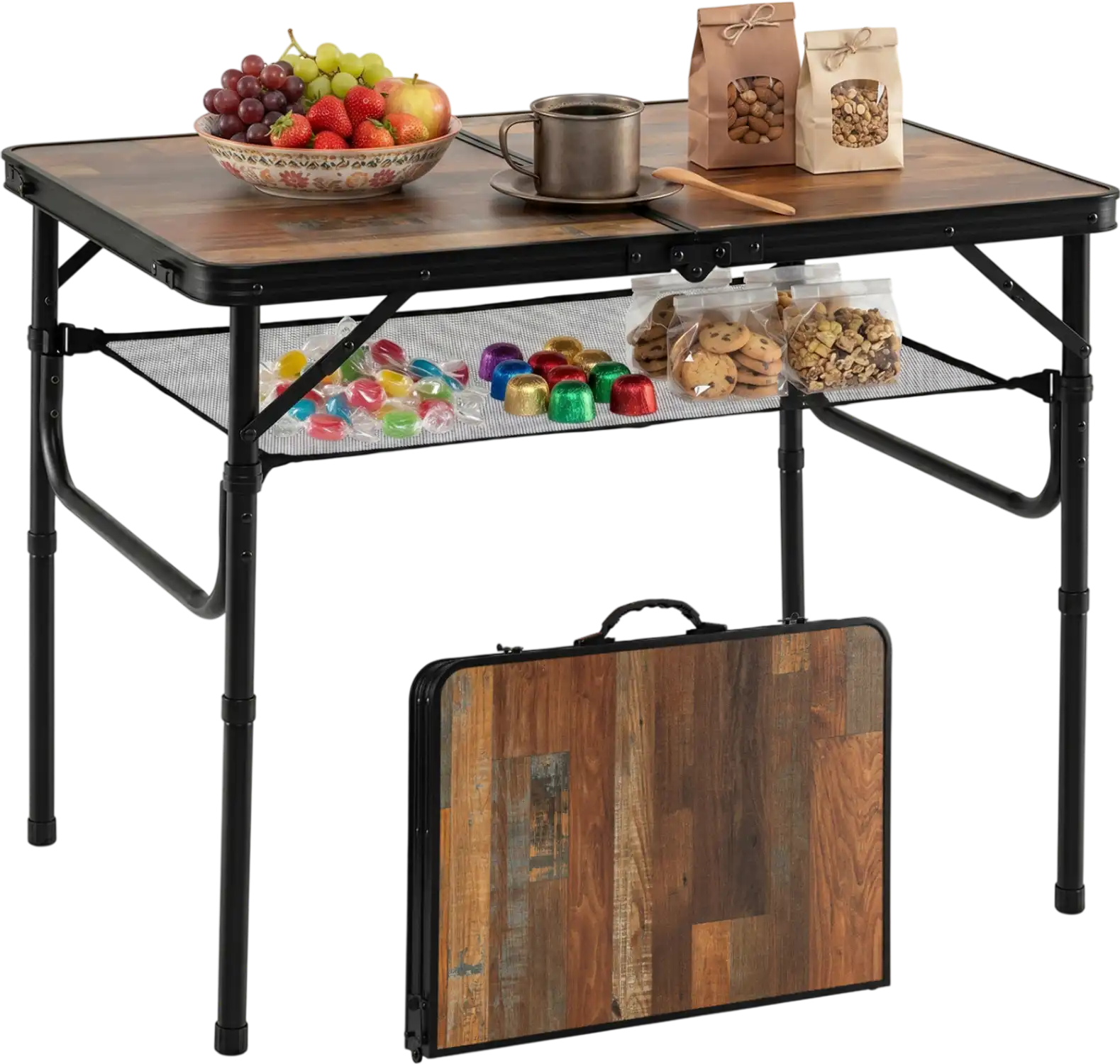 Costway Folding Camping Table Adjustable Height Storage Net Handle 22258565 New